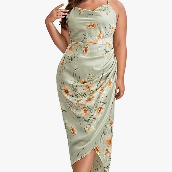 Floerns Plus Size Satin Cowl Neck Wrap Dress - Picture 2 of 10